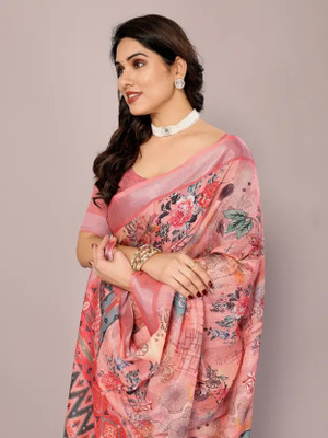 Marabout Printed Bollywood Cotton Linen Saree(Red)