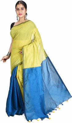 Desh Bidesh Color Block, Self Design, Solid/Plain, Woven Handloom Handloom Cotton Blend, Pure Silk Saree(Light Green)
