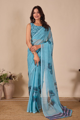 infello Floral Print, Printed, Striped Bollywood Cotton Linen Saree(Light Blue)