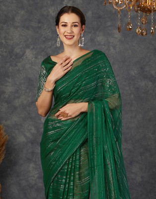 Samah Dyed, Embellished, Striped, Woven Bollywood Georgette Saree(Dark Green)