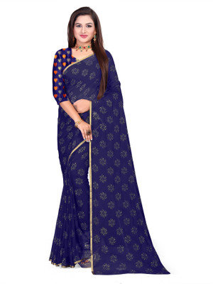 Aardiva Printed Daily Wear Chiffon Saree(Dark Blue)