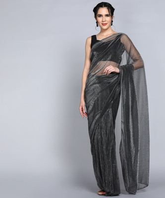 Swastik Creation Self Design Bollywood Lycra Blend Saree(Black)