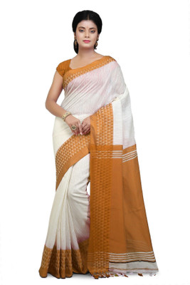 crochetin Woven Handloom Cotton Blend Saree(White, Brown)