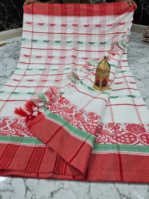 LYANNA Woven Assam Silk Handloom Cotton Silk Saree(Multicolor, White)