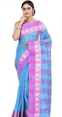 Maa laxmi saree center Temple Border Tant Cotton Blend Saree(Blue, Pink)