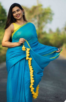SutaSari Solid/Plain Handloom Handloom Pure Cotton Saree(Light Blue)