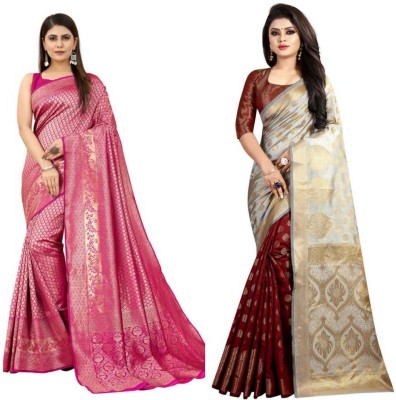 Hinayat Fashion Embellished, Woven, Self Design Kanjivaram Jacquard, Silk Blend Saree(Pack of 2, Pink, Maroon)