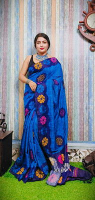 Joyguru Textile Printed Hand Batik Cotton Blend Saree(Blue)