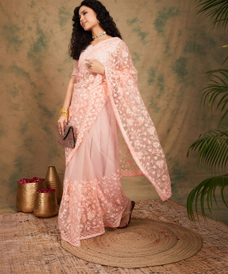 Divastri Embroidered Chanderi Net Saree(Pink)