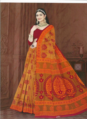 Jalal Printed, Striped Daily Wear Pure Cotton Saree(Yellow)