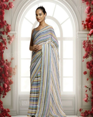 Jayu Digital Print, Embroidered, Printed, Striped Bollywood Georgette Saree(Blue)
