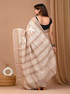 Taavi Blocked Printed Daily Wear Cotton Blend Saree(Brown)