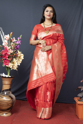 sarjan creation Self Design Banarasi Cotton Silk Saree(Red)