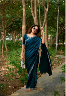 HARIOM CREATION Self Design, Solid/Plain, Paisley Saree with Attached Blouse Satin Saree(Light Blue)