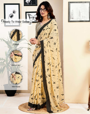 Samah Floral Print, Geometric Print, Printed Daily Wear Pure Cotton Saree(Cream, Black)