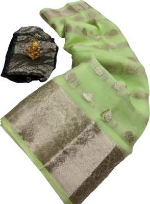 GoVika Self Design Bollywood Tissue Saree(Green)