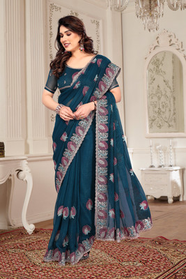 Mikhushop Embroidered Bollywood Silk Blend Saree(Dark Green)