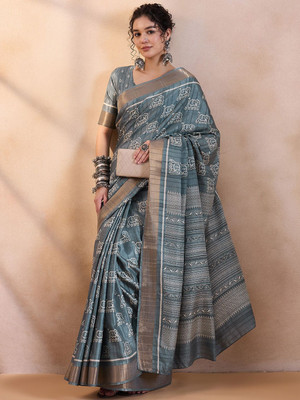 House of Pataudi Printed Chinnalapattu Silk Blend Saree(Light Green)