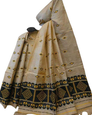 SSJENTERPRISE Geometric Print, Woven Mekhela Chador Cotton Blend Saree(Beige)