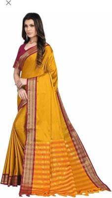 Kalpana creation Woven Banarasi Cotton Silk Saree(Maroon, Mustard)