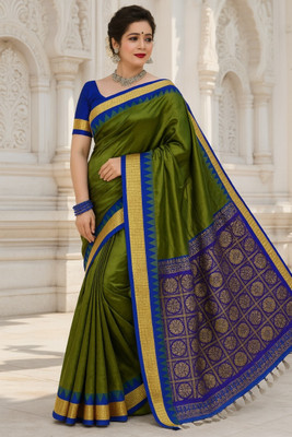 Afronza Solid/Plain, Temple Border, Embellished, Self Design Sambalpuri Silk Blend, Art Silk Saree(Green, Mustard)