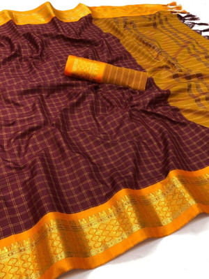 Bombey Velvat Fab Woven Dharmavaram Pure Silk, Cotton Silk Saree(Maroon, Yellow, Gold)