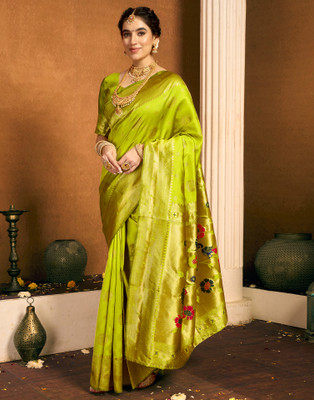 Samah Woven, Embellished Paithani Silk Blend, Jacquard Saree(Green)