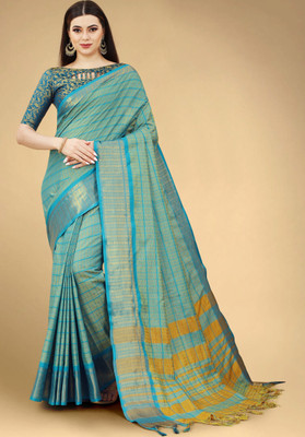Wamsi Woven, Checkered Patola Jacquard, Cotton Silk Saree(Light Blue)