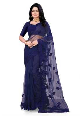 usharvi Self Design, Embroidered Bollywood Net Saree(Blue)