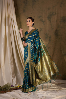 ShopGlobal Woven Banarasi Silk Blend Saree(Blue, Beige)