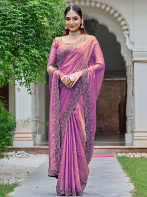 KalyaniTextile Solid/Plain, Embellished Bollywood Silk Blend Saree(Purple)