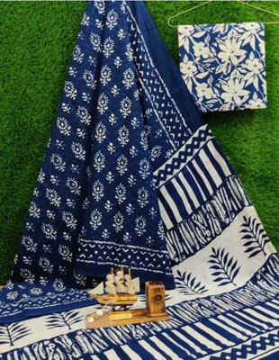 DASTKARPRINT Printed Daily Wear Pure Cotton Saree(Blue)