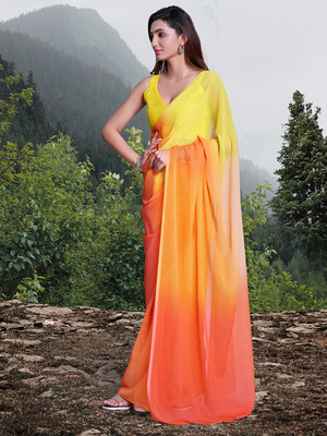 Anouk Rustic Solid/Plain Bollywood Organza Saree(Yellow)