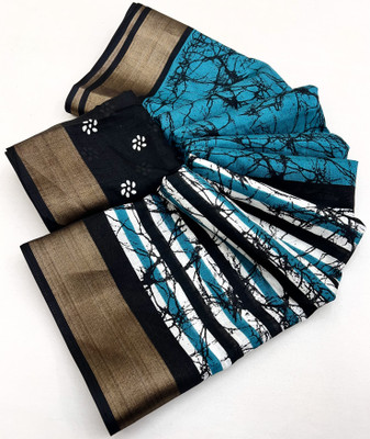 J6 Designers Printed Bollywood Cotton Blend Saree(Blue)