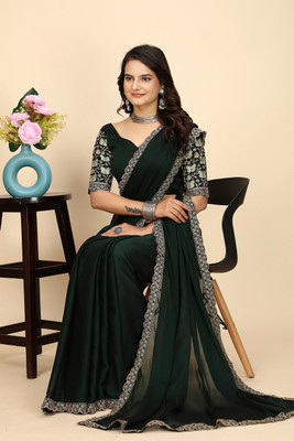 SAADHYA CREATION Embroidered, Solid/Plain Bollywood Chiffon Saree(Dark Green)