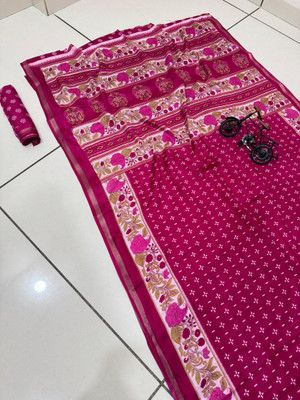 Chandan Fabrics Printed Kalamkari Mulmul Saree(Pink)