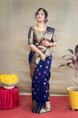 kevami fashion Printed Banarasi Cotton Blend Saree(Dark Blue)