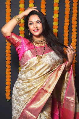 yourwish Woven, Checkered, Embellished, Self Design Kanjivaram Jacquard, Cotton Silk Saree(Beige)