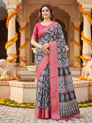ZAMUNA Digital Print, Floral Print, Woven, Animal Print Banarasi Tussar Silk, Linen Saree(Orange, Black)