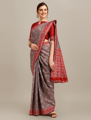 SERONA FABRICS Printed Banarasi Art Silk Saree(Grey, Red)