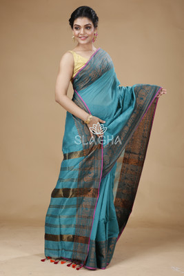 SLAGHA Woven, Embellished, Self Design Assam Silk Handloom Cotton Silk Saree(Light Green)