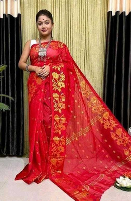 Pal Handloom Self Design Jamdani Pure Cotton Saree(Red)