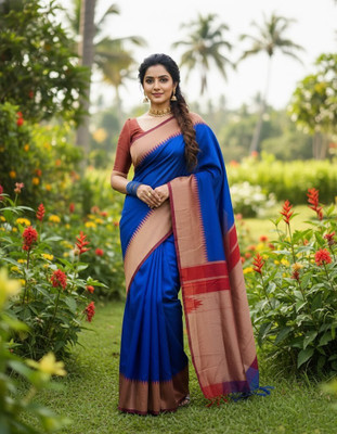 CKDESIGNER Woven Banarasi Jacquard Saree(Dark Blue, Red)