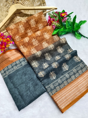 HouseOfCommon Floral Print Kanjivaram Pure Cotton, Cotton Linen Saree(Orange, Black)