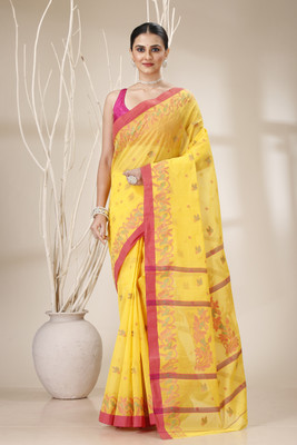 DENLINFABRICS Floral Print Tant Cotton Blend Saree(Yellow)