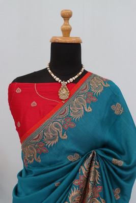 Mikhushop Embroidered Bollywood Pure Silk Saree(Light Blue)