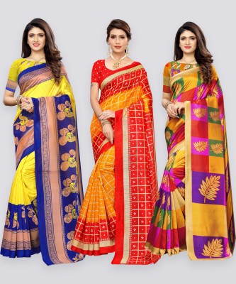 Samah Printed, Striped, Floral Print Banarasi Silk Blend Saree(Pack of 3, Red, Yellow)