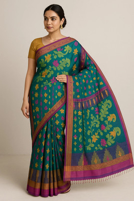 Pradip Fabrics Woven, Printed Tant Silk Blend Saree(Green)