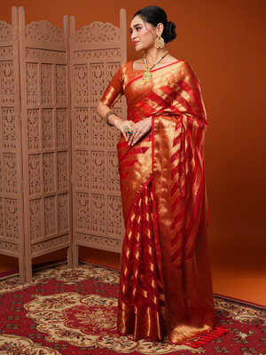 Tasrika Woven Banarasi Organza Saree(Red)