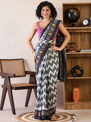 Divastri Printed Ikkat Cotton Blend Saree(Grey)